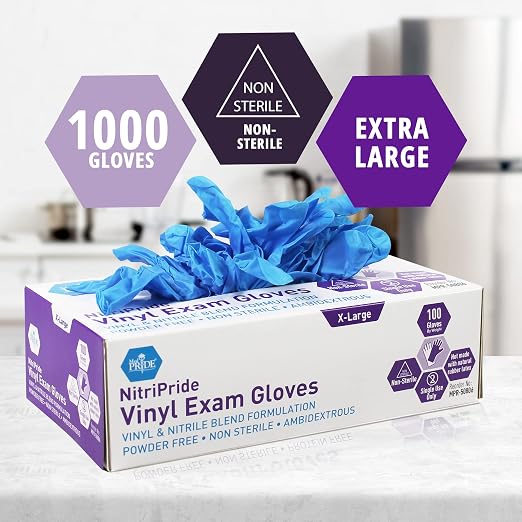 MED PRIDE Nitrile/Vinyl Blend Exam Gloves, Powder-Free, Latex-Free, Disposable, Non-Sterile, Blue (1000, X-Large)