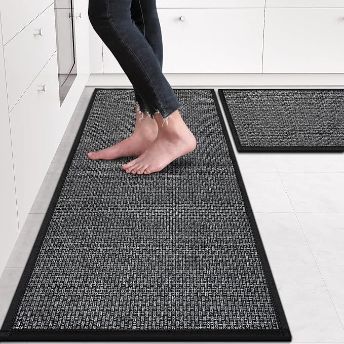 eqivei Kitchen Rugs Non Skid Washable Set of 2 PCS, Absorbent Runner Rugs for Kitchen, Farmhouse Weave Floor Mats in Front of Sink, 17.3"x 47"+17.3"x 29" (Inky)