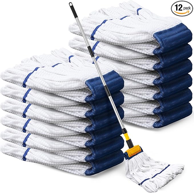 Hushee 12 Pack Large Microfiber Tube Mop Heads 18 oz Heavy Duty Commercial Industrial Wet Mop Head Refill Reusable Machine Washable Looped End Mopheads for Hardwood, Tile, Laminate Floors (White)