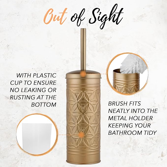 Autumn Alley Farmhouse Antique Gold Bathroom Accessories Set – Includes Gold Bathroom Trash Can & Toilet Brush with Holder, Handcrafted Modern Waste Bin & Standing Toilet Brush, Embossed Metal Décor