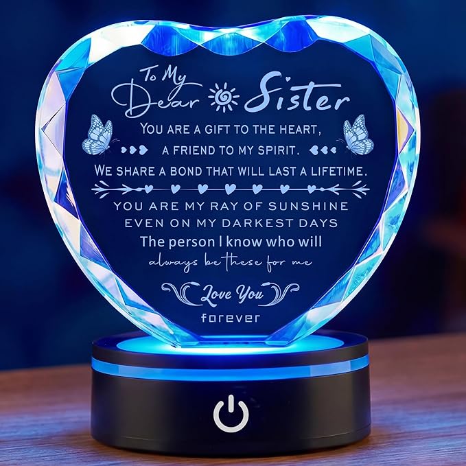 Sister Gifts Crystal Keepsake with LED Base, Laser Engraved Sister Gift from Sister, Soul Sister Presents for Women, Unique Big Sister Birthday Gifts for Girls, Best Sister Ever Gifts