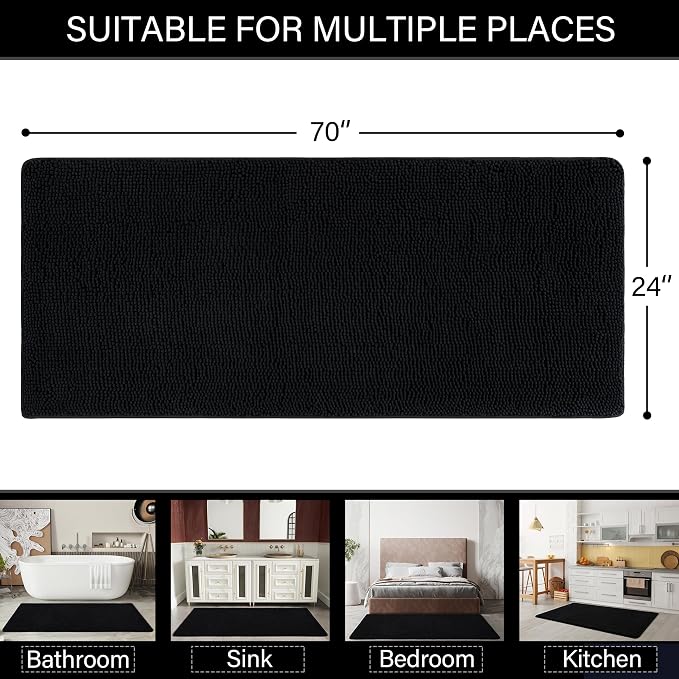 LOCHAS Luxury Bathroom Rug Shaggy Bath Mat 24 x 70 Inch, Black | Washable Non Slip Bath Rugs for Bathroom Shower, Soft Plush Chenille Absorbent Carpets