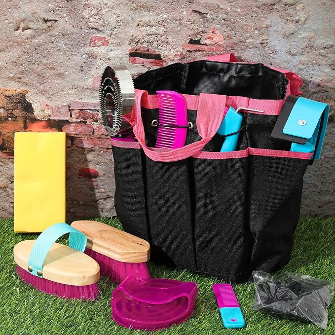 Abbylike 12 Piece Horse Grooming Kit with Organizer Tote Bag Brush Sets for Derby Day Show Horses Professional Tools for Care & Massage(Rose Red)
