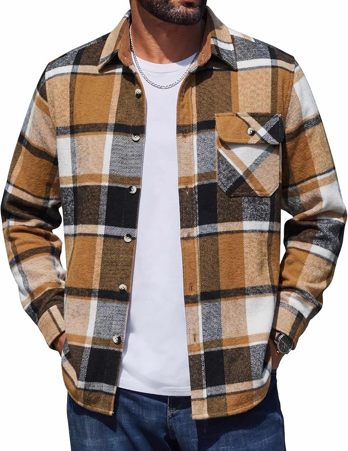 COOFANDY Mens Flannel Shirts Long Sleeve Plaid Button Down Shirt Jacket | Soft Brushed Cotton, 13 oz Flannels, Pen Slot, One Flap Pocket, Lightweight Fall Shirts for Work Outdoor Casual Wear