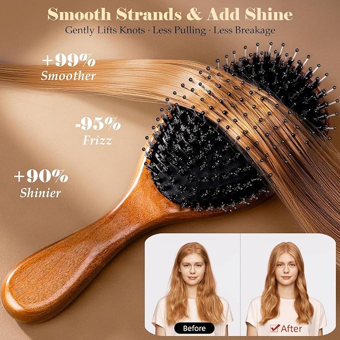 Boar Bristle Hair Brush Since 1965 British Craftsmanship Handmade | Natural Wood Slick Back Hairbrush, Gentle Detangling Women Men Kids Curly Thick Fine Frizzy Hair, Smoothing Styling Brush