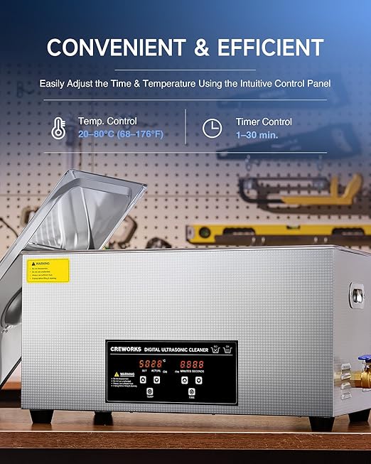 CREWORKS 22L Digital Ultrasonic Cleaning Machine with Heater and Timer, 480W Stainless Steel Ultrasonic Cleaner Machine, 5.8 gal Ultrasonic Parts Cleaner for Retainer Glasses Auto Tool Machine Part
