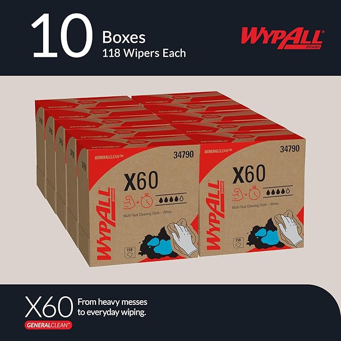 WypAll GeneralClean X60 Cloths Multi-Task Cleaning Wipes (34790), Pop-Up Box, Strong and Absorbent Towels, White (10 Boxes of 118 Sheets, 1,180 Sheet Total)