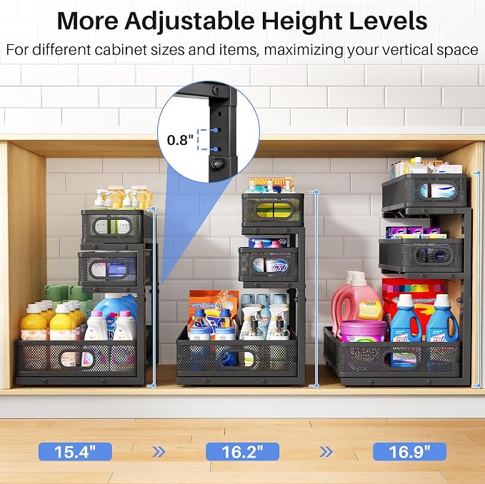 Under Sink Organizer, 2-Pack 3-Tier Thickened Metal Pull out Cabinet Organizer Shelf, Height Adjustable Slide out Storage Drawer Rack for Kitchen Bathroom Pantry Laundry Home Office Organization
