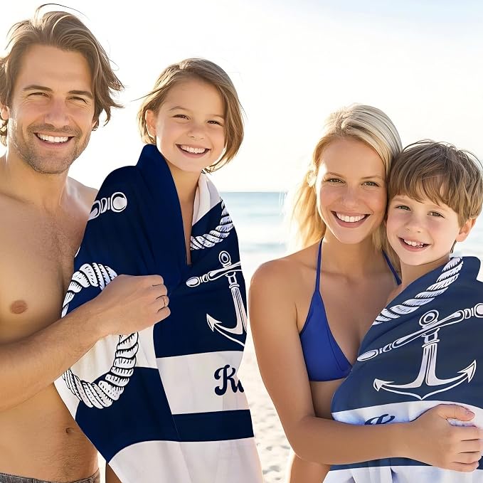 JML Personalized Beach Towel with Name, Custom Anchor Beach Towel, Customized Microfiber Pool Towel, Quick Dry & Absorbent Swim Towel for Adult,Mother's Day, Birthday, Summer Holiday,Vacation