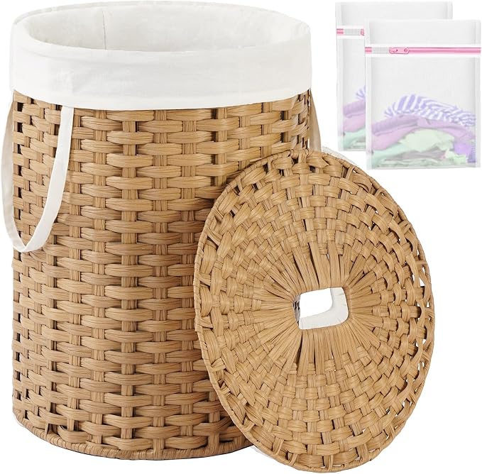 SETVSON Laundry Hamper with Lid 23.8 Gal (90 L) PE Rattan, Natural | 90L 23.8 Gal Round PE Rattan Hamper with Lid, Removable Washable Liner Bag, 2 Mesh Wash Bags, Steel Frame, Handles