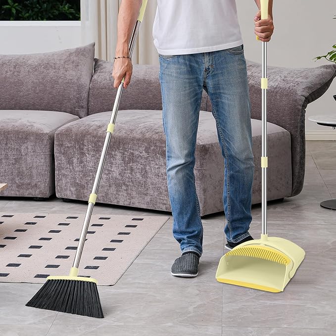 BSKLIN Broom and Dustpan Set for Home, 52" Long Handle Broom Set with Dustpan Teeth to Clean Hair Sweeping Indoor and Outdoor (Yellow)