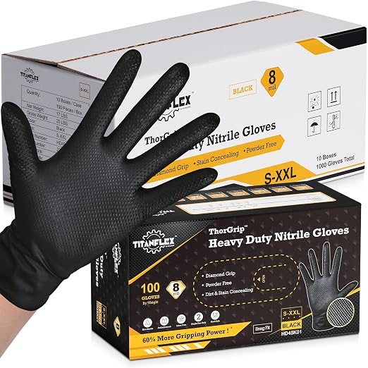 TitanFlex Heavy Duty Black Industrial Nitrile Gloves, 8-mil, Large, Box of 1000, Latex Free, Raised Diamond Texture, Powder Free, Food Safe, Rubber Gloves, Mechanic Gloves(L)