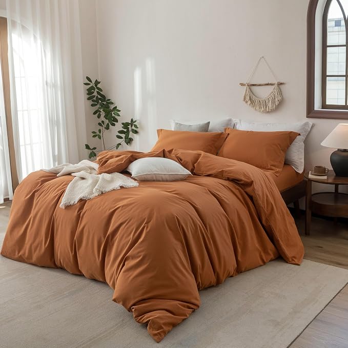 Linen Feel Duvet Cover Queen Size 90inch x 90inch,100% Washed Cotton Duvet Cover with Zipper Closure and 2 Pillowcases, Color of Burnt Orange