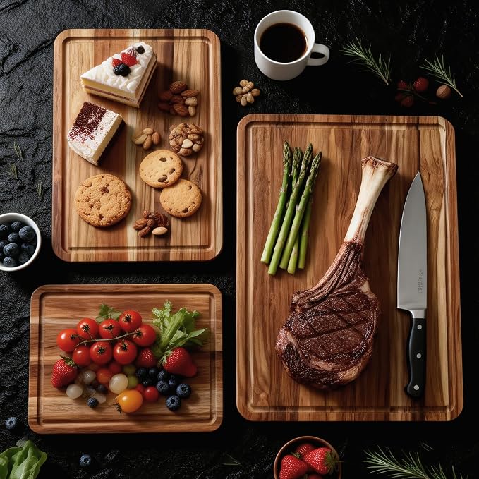 3 Pack Teak Cutting Board Set for Kitchen Wood Charcuterie Board with Juice Groove Wooden Cutting Boards Non Toxic Heavy Duty Slip Over Sink Solid Thick Chopping Board FSC