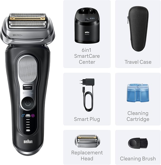 Braun Series 9 PRO+ Electric Shaver for Men, Wet & Dry Foil Razor, 6-in-1 SmartCare Center, Built-in Precision ProTrimmer, Replacement Head, Travel Case, Black 9660CCPS