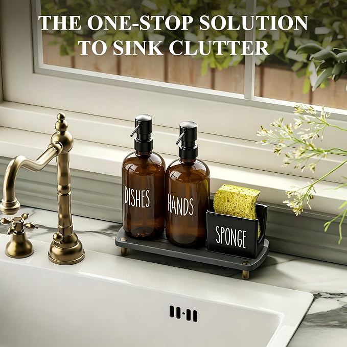 Cisily Amber Kitchen Soap Dispenser Set with Ceramics Sponge Holder | Black Metal Pump Head, Quick-Drying Soil Plate
