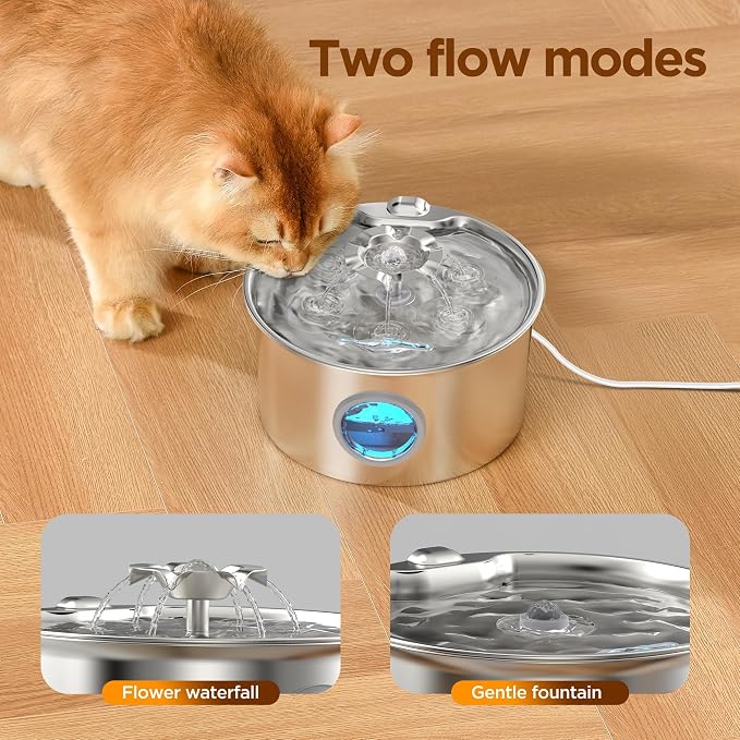 Pet Water Fountain Stainless Steel: Cat Fountain with 8 Filters & 8 Sponges | 88oz/2.6L Pet Fountain for Cats Indoor - Quiet Cats Dispenser - Cats Feeding & Watering Supplies - Gifts for Small Animals