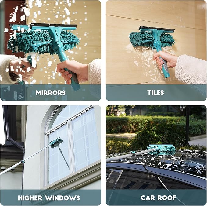 TelesPro 20 Feet High Reach Window Squeegee with 5-12Ft Extension Pole, Window Cleaner Tool with 3-Stage Telescoping Pole, Window Cleaning Kit with Rotatable Head (2 Squeegee & 2 Microfibre Cloths)