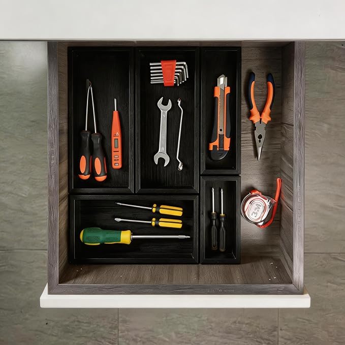 bamboo drawer organizer Set,expandable drawer dividers,wooden storage organizers,drawer organizers for kitchen, bathroom,flatware,Tea Bag Organizer (1 X 5PCS Black)