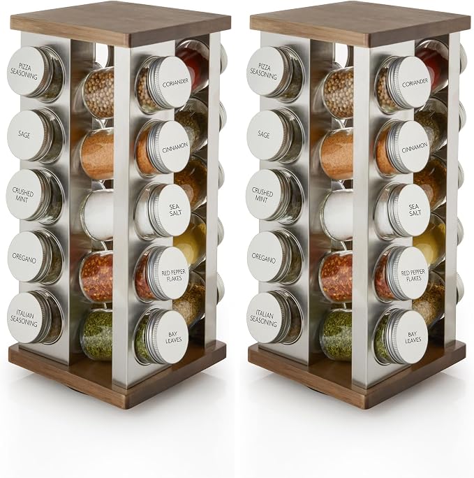 Kamenstein 20 Jar Vintage Revolving Countertop Spice Rack Organizer with Spices Included, FREE Spice Refills for 5 Years, Wood and Stainless Steel with Metal Caps (Pack of 2)