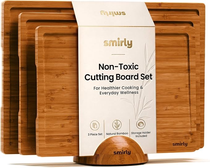 SMIRLY Cutting Board, Carbonized Bamboo Cutting Board Set of 3 with Stand | Non Toxic Wooden Cutting Board with Juice Grooves and Handles, Multiple Sizes Chopping Boards for Meat Vegetable Charcuterie