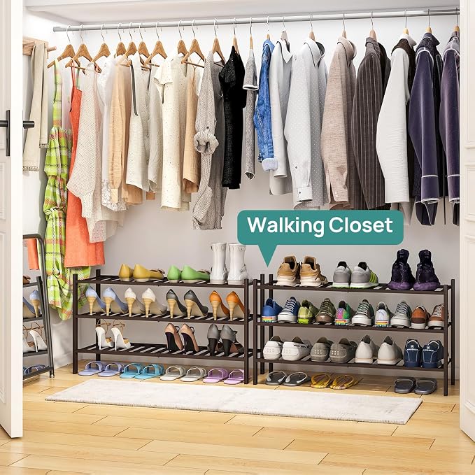 viewcare Long Shoe Rack, Bamboo Wood Shoe Rack for Closet, Entryway & Hallway, 3-Tier Stackable Shoe Shelf