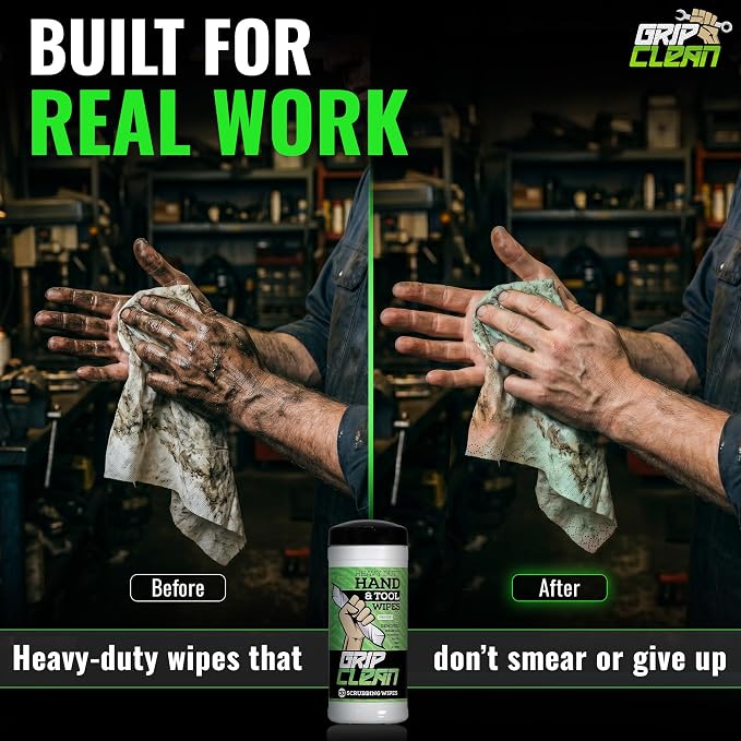 Grip Clean Heavy Duty Hand & Tool Cleaning Wipes – Waterless Hand Cleaner for Mechanics, Garage & Shop Use – Dual-Sided Grease, Oil & Paint Remover Wipes with Citrus Scent - 30ct