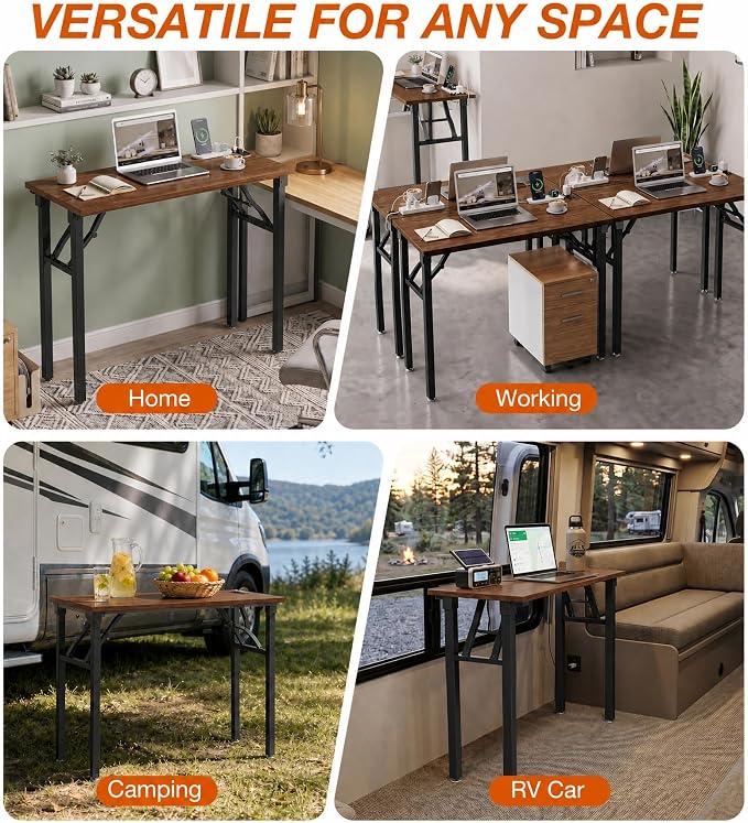 XBurmo Small Folding Desk Folding Table, No Assembly Foldable Desk Gaming Desk, 35.8-Inch Computer Table Workstation with 2 AC Outlets and 2 USB Ports for Bedroom and Home Office, Dark Walnut