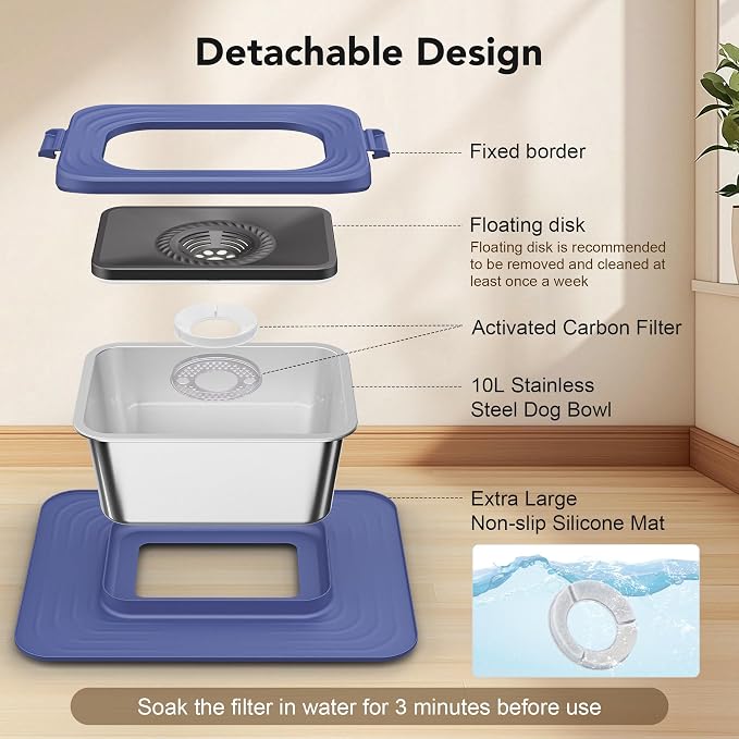 Decflow 10L Stainless Steel Dog Water Bowl, No Spill Anti-Splash Bowls | Slow Drinking for Messy Drinkers, XXl Anti-Skid Silicone Mat,Heavy Duty Pet Bowls for Indoor/Outdoor Use