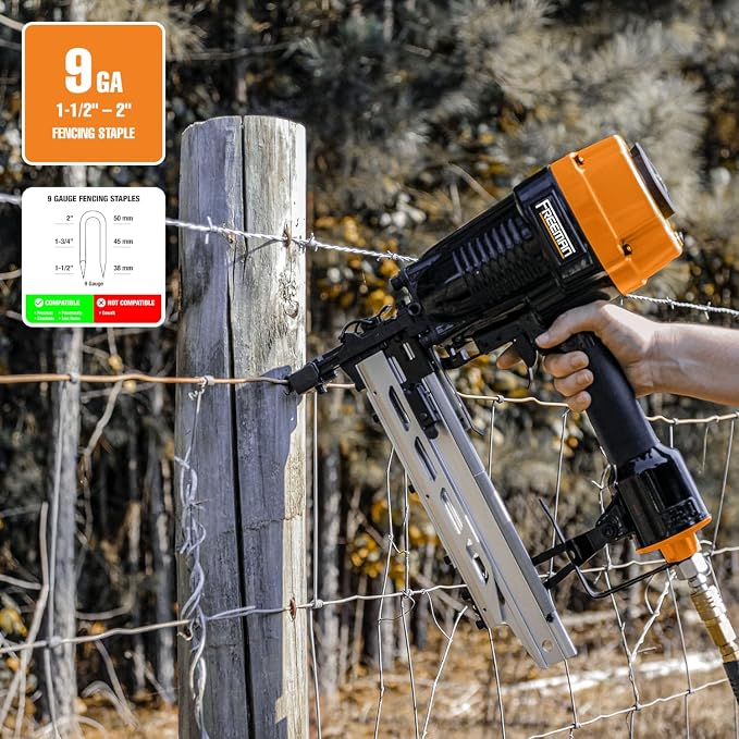 Freeman PFS9 Pneumatic 9-Gauge 2" Fencing Stapler with T-Handle, Adjustable Metal Belt Hook, and Case