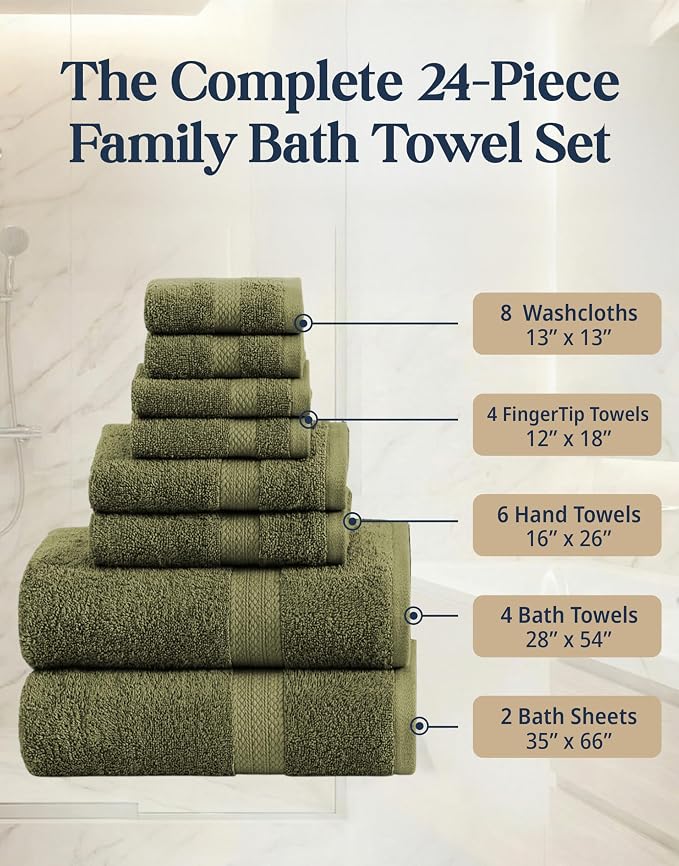 LANE LINEN Large Bath Towel Set Absorbent Quick Dry 100% Cotton - Oil Green | Soft Cotton Towels - Fade-Resistant Color, Classic Terry Weave, Densely Woven & Durable, Easy-Care, Coordinated Colors