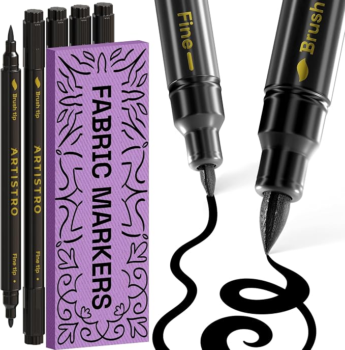 ARTISTRO 5 Black Dual-Tip Fabric Markers Decorating Kit Permanent for Cloth | Brush & Fine Tip, Acrylic Paint Pens for Sneakers, Bags, Shoes, Textiles, Canvas, Sewing, Craft, & DIY