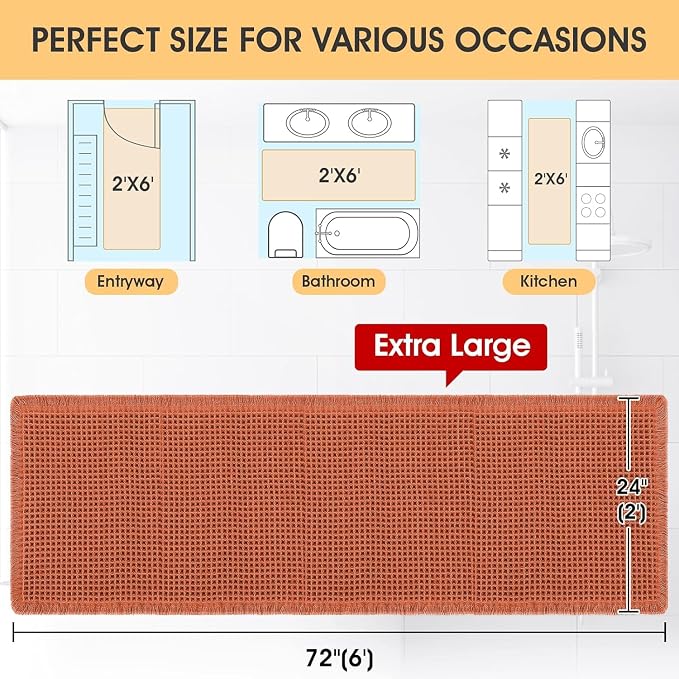 IM HOME Waffle Runner Rug Burnt Orange 6'x2'(72" x 24"), Boho Woven Modern Bath Mat, Absorbent Non Slip Bathroom Rugs, Soft Washable Rugs with Tassels for Bedroom, Kitchen, Shower, Tub