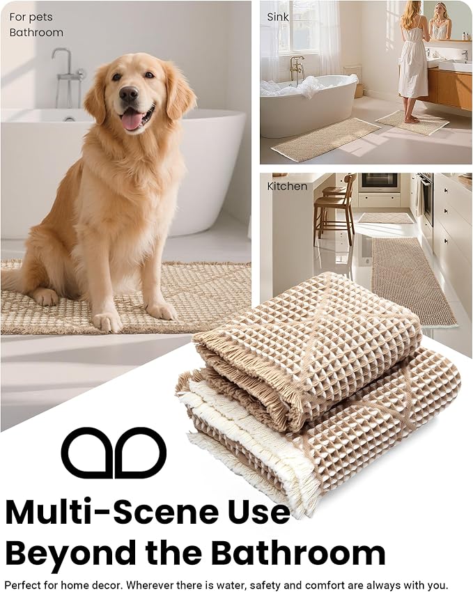 Furicher Waffle Bath Mat Set, Non Slip Bathroom Rugs Sets 2 Piece, Ultra Absorbent Long Bath Rug Runner for Bathroom Boho Chic Decor, Machine Washable Floor Mats, Brown & White, 20"×47" Plus 18"×30"