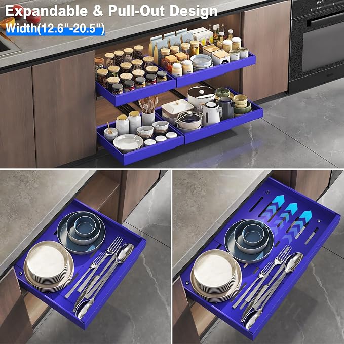Mustorn 2 Pack Pull Out Cabinet Organizer, Expandable Slide Out Drawers for Kitchen Cabinets Peel and Stick Pullout Drawer Heavy Duty Sliding Shelves for Cupboard, Pantry, Bathroom(16.5" Deep, Blue)
