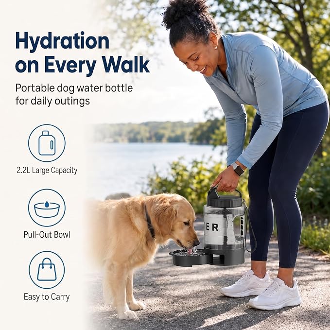 lesotc Portable Dog Water Bowl Dispenser - 77oz Travel Water Bottle | Pop-Out Drinking Bowl, No-Spill Design for Camping, Hiking & Car Rides - Keep Your Dog Hydrated Anywhere, Black
