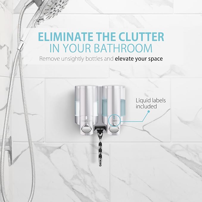 Better Living Aviva Wall Mount Shower Dispenser, 2 x 11oz, Satin Silver | 2 Chamber, Shampoo, Conditioner, Body Wash and Soap Dispenser, Built-in Hooks, No Drill, Waterproof Shampoo Soap Dispenser