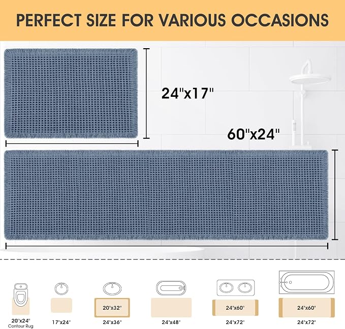 IM HOME Waffle Bath Mat Set 2 Piece Blue,Woven Modern Bath Rug Mats, Absorbent Non Slip Bath Floor Mat, Soft Washable Boho Bath Rugs with Tassels for Bathroom, Bedroom, Kitchen,Tub