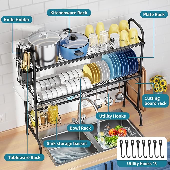 HOWDIA 3-Tier Over The Sink Dish Drying Rack,Stainless Steel Dish Rack | With Cutlery Holder & Chopping Board Rack, 33.9” x 11.4” x 32.3” for Maximum Kitchen Storage, Black