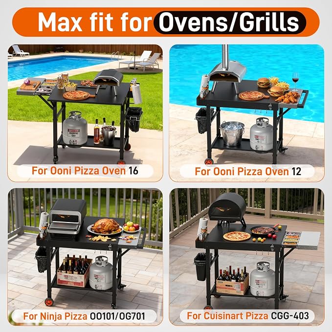 Pizza Oven Table with Cover, Folding Grill table Solid and Sturdy | Pizza Stand for Ooni Pizza Oven, Grill Cart Large Space with Wheel,Expansive Countertop Pizza Oven Accessories for Tailgating