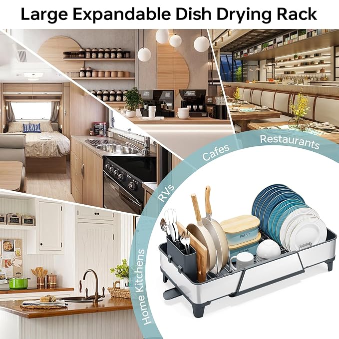 Urackify Expandable Dish Drying Rack for Kitchen Counter, 16.5"-24.2", Gray | Triple Extendable Rust-Resistant Stainless Steel Sink Dish Drainers with Utensil & Pans Holder for RV, Appartment