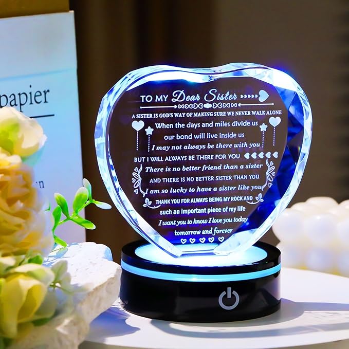 Sister Birthday Gifts Meaningful Sister Gift with Colorful LED Base from Sister Brother Heart Crystal to My Sister Present Sister Gifts for Women on Christmas Mothers Day Valentines Wedding