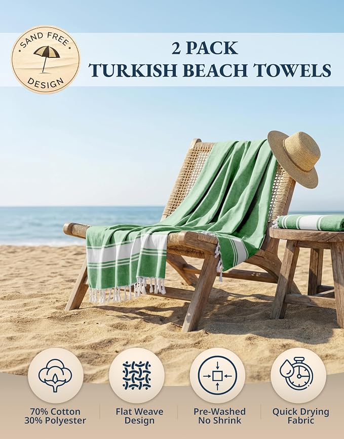 LANE LINEN Turkish Beach Towels, Super Absorbent, Travel Towel - Jade Green | 2 Pack Extra Large Beach Towel - Pre-Washed for Soft Feel - 39"x71", Vacation Essential - Machine Washable, Travel & Camping