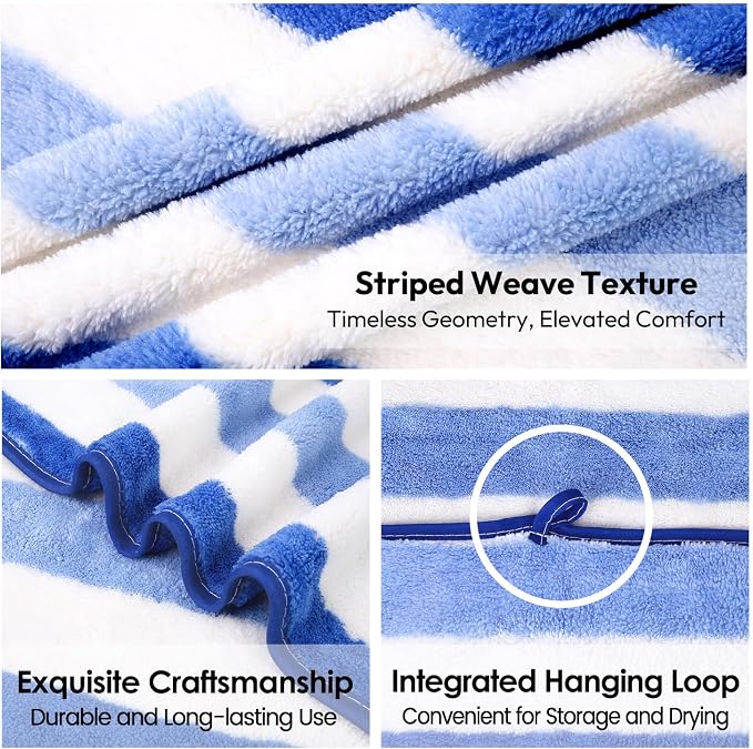 JML Bath Towels Set, 2 Pack, 30" x 60", Cabana Stripe Blue | Hanging Loop, Lint Free, Oversized, Soft, Super Absorbent,Fast Drying, Perfect for Shower, Sauna, Gym, Sports, Fitness, Yoga