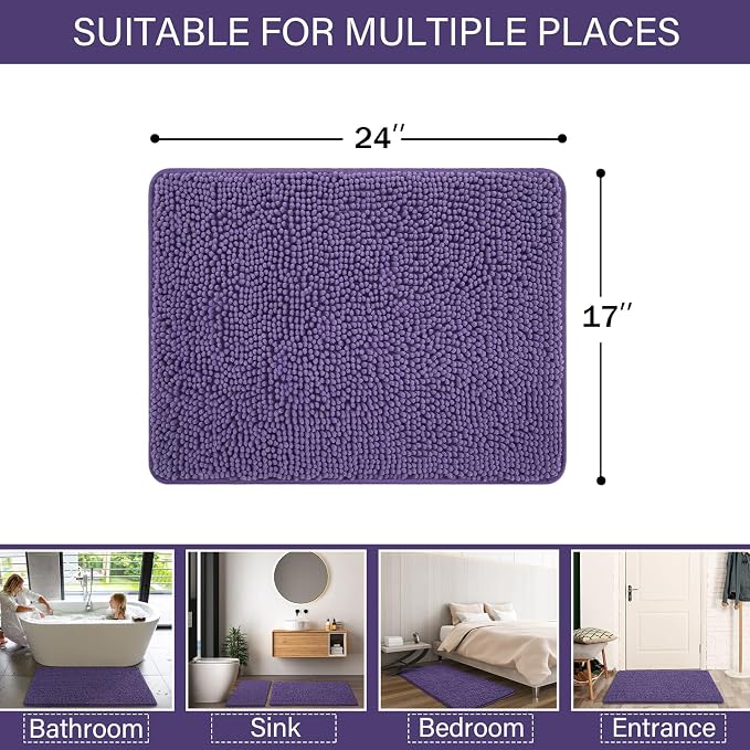 LOCHAS Luxury Bathroom Rug Shaggy Bath Mat 24 x 17 Inch, Dark Purple | Washable Non Slip Bath Rugs for Bathroom Shower, Soft Plush Chenille Absorbent Carpets