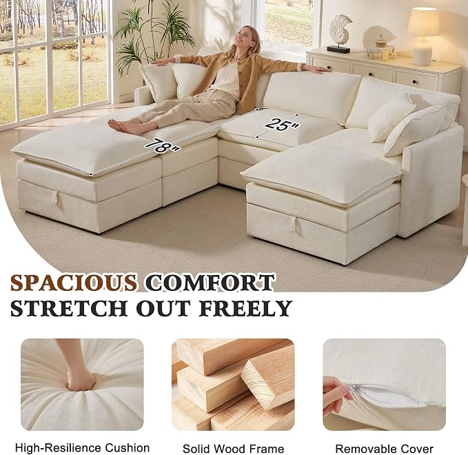 Ihanherry Oversized Sectional Sofa Bed with Storage, 103" 6-Seater Modular Cloud Couch with Movable Ottomans, Chenille Deep Seat Sleeper Couches for Living Room (Beige)