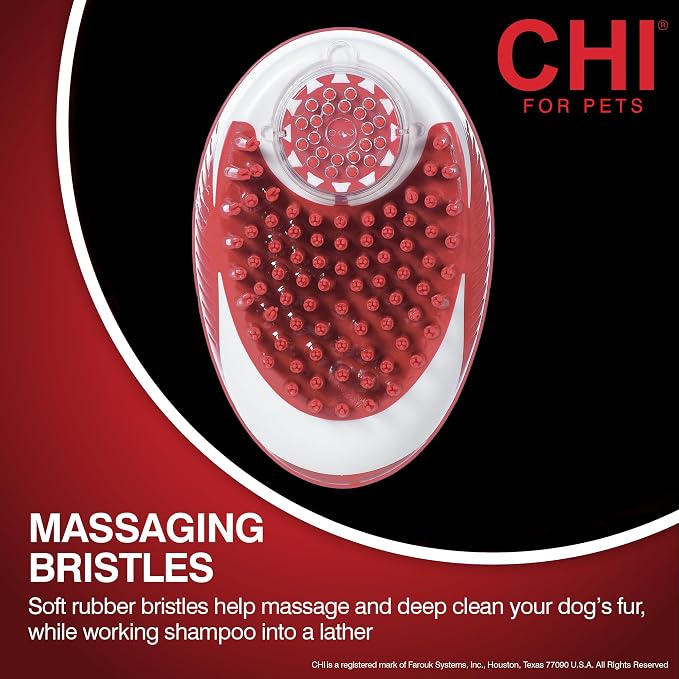 CHI for Dogs Soap Dispensing Palm Brush, Handheld Dog Bathing Scrubber with Built-In Shampoo Dispenser, Soft Rubber Bristles for Massaging and Deep Cleaning All Dog Coat Types, Red
