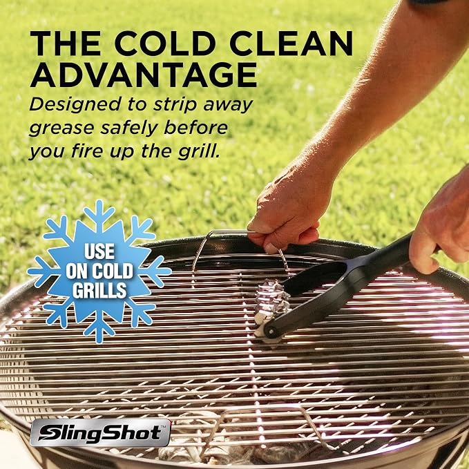 Slingshot Grill Cleaner- Bristle-Free BBQ Tool for Outdoor Grates, Heavy Duty Grill Scrubber, Stainless Steel Blades, Cold Grill Cleaning Accessory for Grilling Maintenance