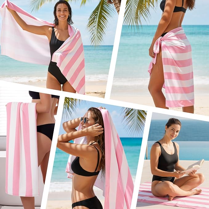 Touchat 4 Pack Beach Towels Cabana Stripe Polyester Lightweight Quick-Dry Swim Pool Towel, 30'' x 60'' Oversized Compact Travel Bath Towel, Camping | Ultra-Portable, Multi-Functional, Pink