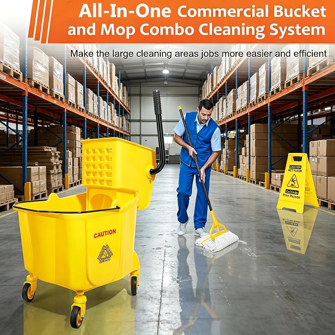 35 Qt Commercial Mop Bucket with Side-Press Wringer Combo on Wheels | Including Janitor Industrial Mop Bucket,Commercial Mops and Wet Floor Caution Sign,Yellow, VOUBIEN